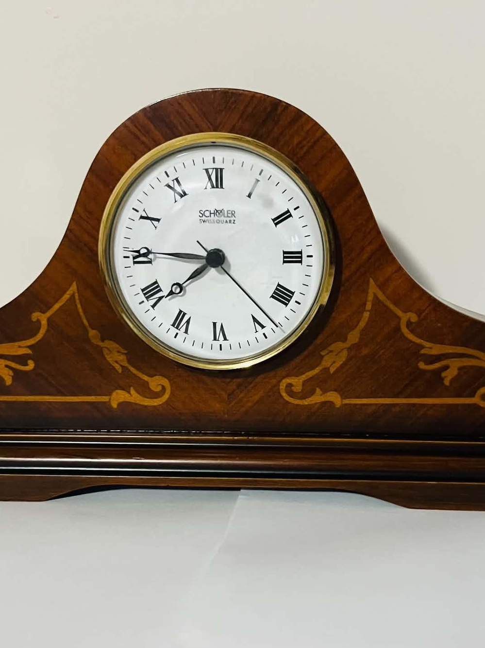 SCHÖRLER Brown Wood Mantel Clock with Decorative Inlay